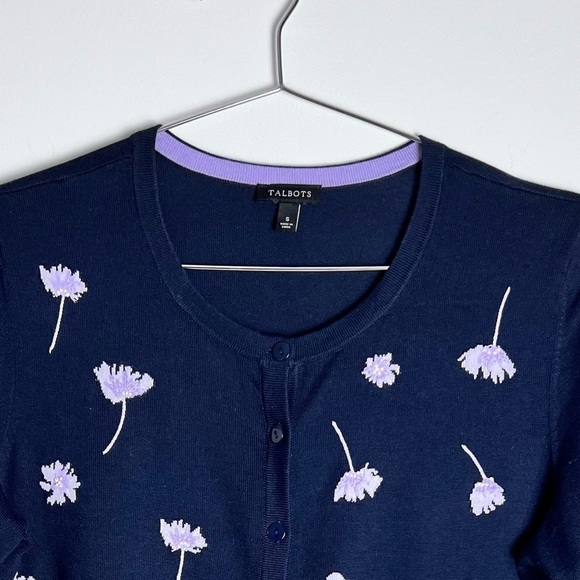 TALBOTS Spring Navy Short Sleeve Cardigan Lavender Embroidered Beaded Flowers - Picture 2 of 7